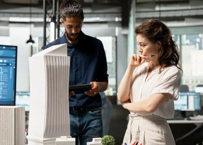 Industrial real estate agents inspecting commercial industrial buildings